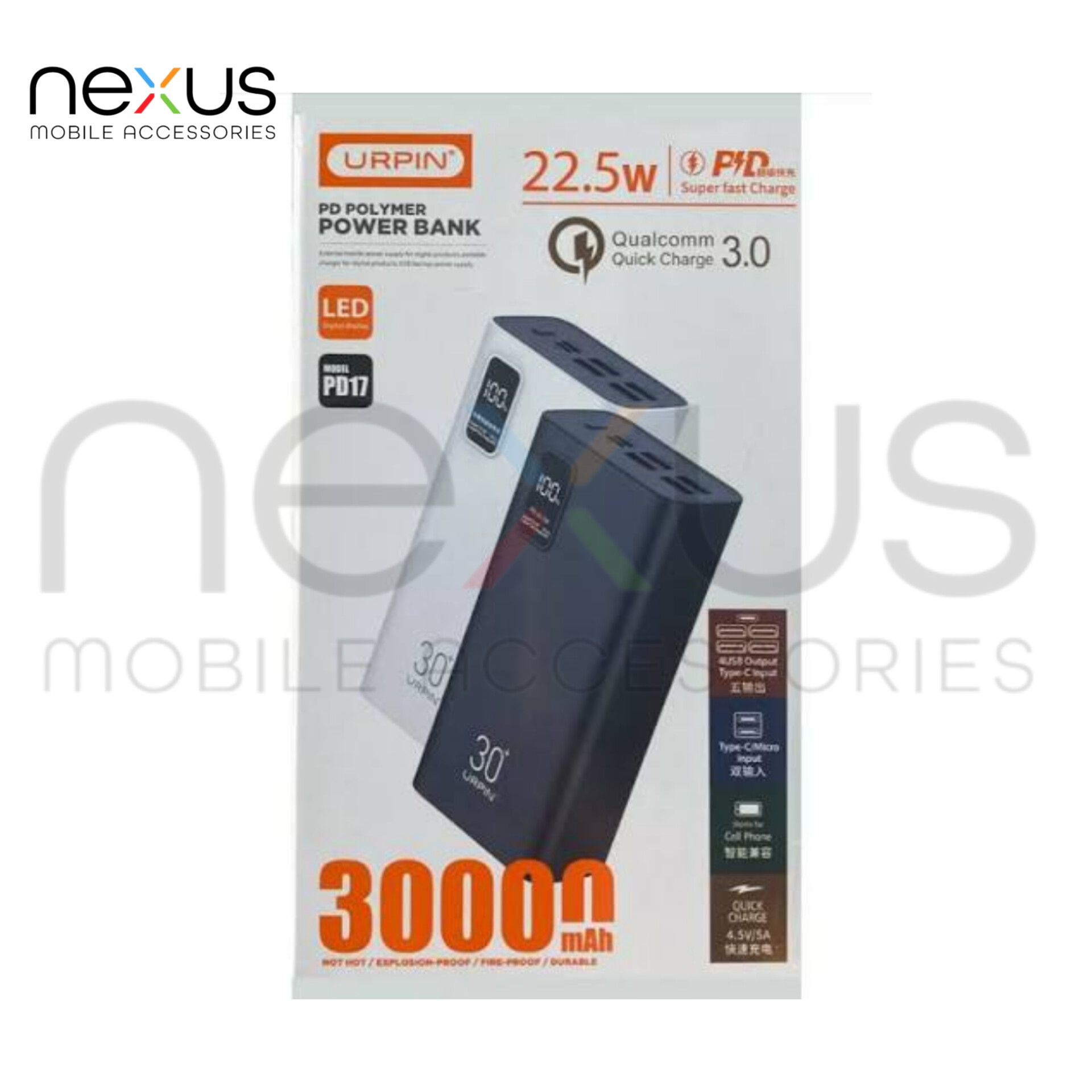 پاوربانک UPRIN 30000 سوپر فست شارژ 22.5 وات مدل PD17